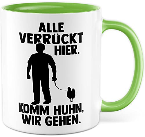 Huhn Tasse Hühner Geschenkidee Kaffeetasse Henne Geschenk für Hühner-Besitzer Kaffeebecher Hahn Becher (Weiß & Grün)
