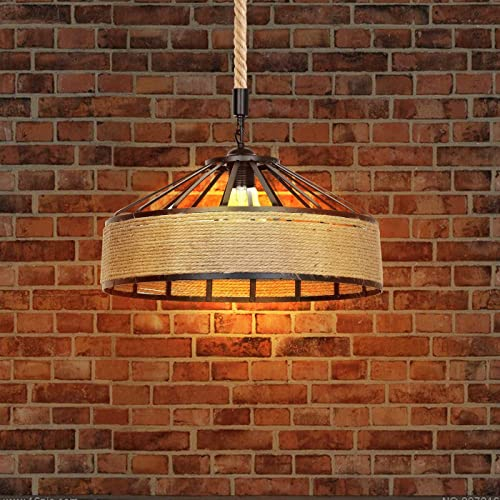 Industrial Metal & Rope Pendant Light Shade, 30cm Retro Hemp Rope Black E27 Ceiling Fitting Lamp Shade with Adjustable Hanging Suspension Kit for Living Room, Bedroom, Kitchen, Hallways & Floor Lamp