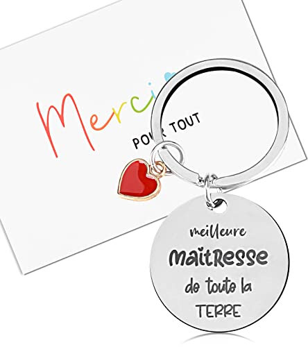Porte Clé Cadeau Maîtresse Maître d’école en Acier Inoxydable Texte à Deux Côté pour Enseignant Fin d'année Scolaire Graduation Noël Remerciement avec Carte Voeux Enveloppe (Meilleure Maîtresse)