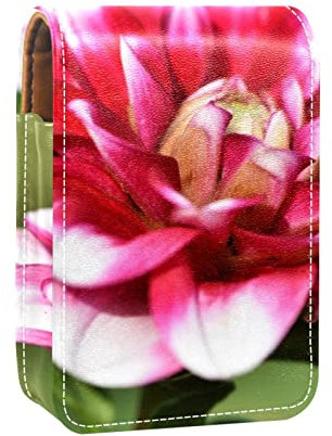 Portable Lipstick Case for Traveling,Mini Lipstick Storage Box with Mirror for Women Ladies, Leather Cosmetic Pouch Beautiful Dahlia