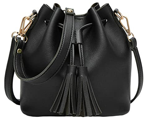 Duiaynke Kleine Quaste Ein-Schulter Diagonal Eimer Tasche, Damen Handtasche Kordelzug Satchel Handtasche, Schwarz