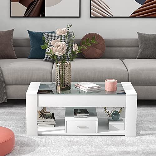 HAINEW Couchtisch mit Glasplatte und 1 kleine Schublade, Wohnzimmertisch mit Schließfächern und Stauraum, Kaffeetisch Sofatisch Quadratischen Tisch, Weiß, 100 x 50 x 40cm