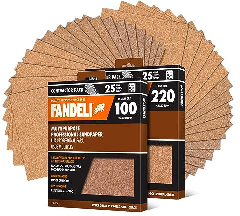Fandeli | Papel de Lija Multiusos | Granos Surtidos (100(25), 220(25) | Pack de 50 Hojas de 23 x 28 cm | Ideal Para Lijar Metal, Madera sin Tratar y Superficies Pintadas