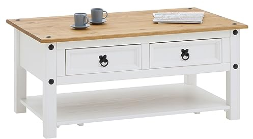 CARO-Möbel Couchtisch Campo im Mexiko-Stil Wohnzimmertisch Beistelltisch Kiefer massiv, braun/weiß lackiert mit 2 Schublade