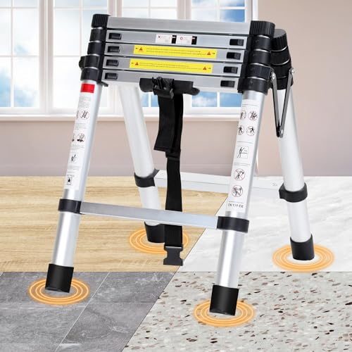 Eulenke Teleskopleiter 2.0m+2.3m Aluminium Trittleiter - 4+5 Stufen Tragbare rutschfeste Klappleiter - 150 kg Belastbarkeit Stehleiter - Aluleiter für Drinnen Draußen - Anlegeleiter - Haushaltsleiter