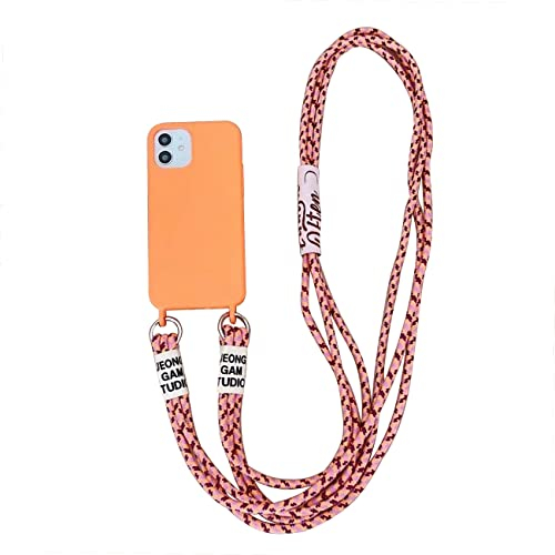 Emlivi Mobile Phone Lanyard Case for iPhone 15, Necklace Case with Nylon Shoulder Strap, Liquid Silicone TPU Phone Case with Lanyard, Stylish Crossbody Protective Case for iPhone 15, A-Orange