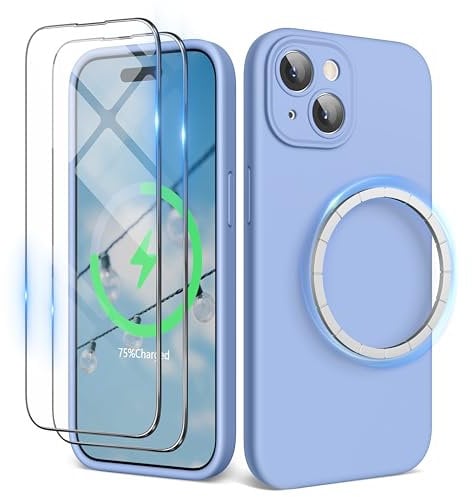 SURPHY Magnetic Case for iPhone 15 Plus Case with Screen Protector, Liquid Silicone Anti-Scratch Compatible with MagSafe Gel Rubber Phone Case for iPhone 15 Plus 6.7 inch, Winter Blue