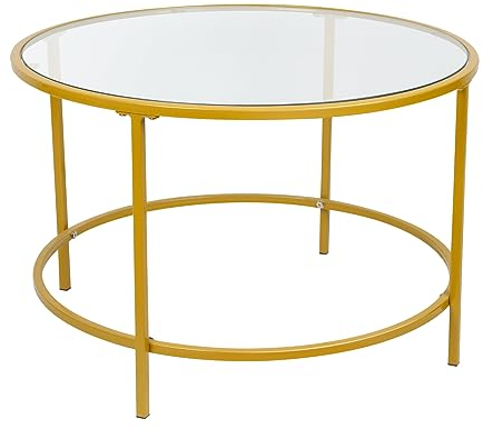 HUOLE Couchtisch, Wohnzimmermöbel aus Glas, Rahmen aus Stahl, runder Couchtisch, goldfarben-Glastisch fürs Wohnzimmer/Balkon-φ70*45,5cm – Gold