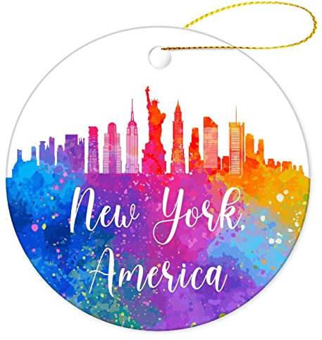 Weihnachtsbaumschmuck 7.3cm, Amerika-New Yorks, Runde Stadtansicht-Silhouette Runde Keramik Ornament Mode Weihnachtsanhänger Ideal Weihnachtsschmuck Für Party Weihnachtsbaum Geschenke