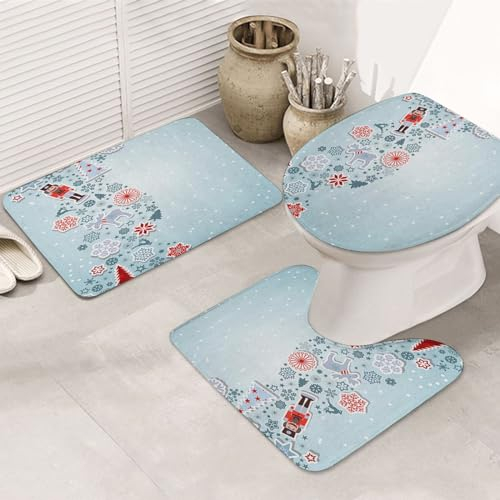 Set Tappetino coprivaso WC 3Pcs,Tappetino da bagno,Blue Christmas Merry Elements Fiocchi di neve Renna Schiaccianoci Albero e Moosenutcracker,Bagno Set Antisdrucciolevole del Bathroom Floor rug