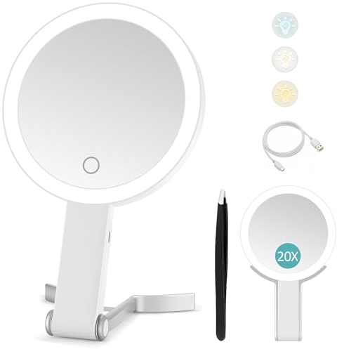 Kosmetikspiegel mit Beleuchtung,Reisespiegel mit Licht,Doppelseitiger Spiegel mit 20fach/1fach Vergrößerung,3 Farblichter,Dimmbarer Touchscreen Schminkspiegel,Faltbarer,Handheld/Hängend/Tischplatte