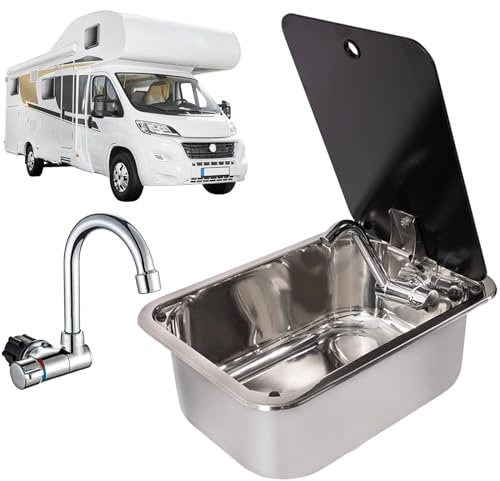 Miuxe RV Sink Stainless Steel Drop-in Kitchen Hand Wash Basin Sink with Folded Cold/Hot Water Faucet Tempered Glass Lid Washbasin for Camper Trailer Caravan