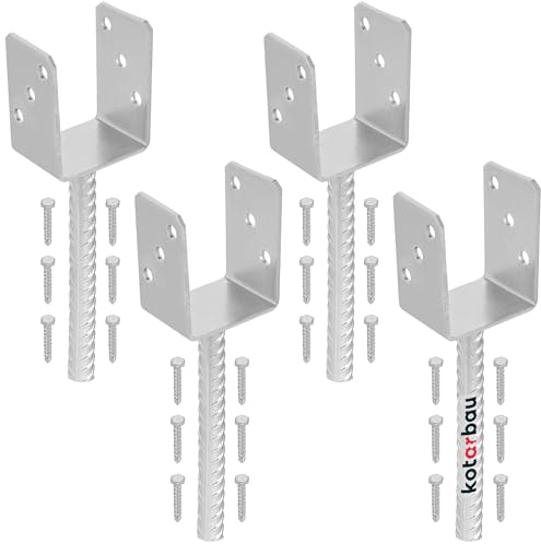 KOTARBAU® 4er Set Pfostenträger zum einbetonieren U 81 mm Feuerverzinkt Stahl Betonanker für Holzpfosten Riffelstahl Pfostenanker Bodenhülse Pfostenschuh Zaunpfosten Holz
