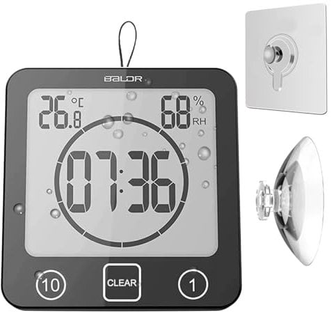 Waterproof Bathroom Wall Clock Shower Timer, Digital Large Visual Countdown Alarm Clock with Temperature Humidity, Mirror Suction & Rope Hanging & Stand, Easy Table Timer for Bath Kitchen Spa (Black)