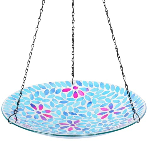 MUMTOP Mosaic Hanging Bird Bath-Bird Baths for Outdoors - 12 Inch Glass Bird Water Bowl Bird Feeders for Outside, Garden, Lawn Yard Decor（Blue）