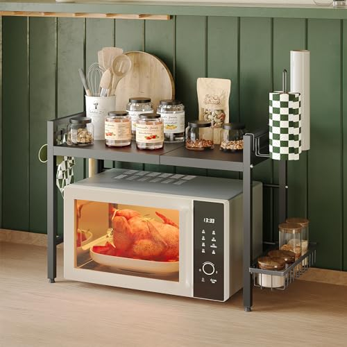 NETEL Expandable Microwave Shelf,2-Tier Microwave Stand with spice basket and kitchen roll holder,Microwave Oven Rack with 8 Hooks,Bakers Rack,Kitchen Countertop Organiser