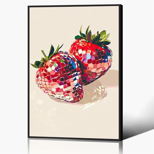 Anslipswar Funky Red Strawberry Disco Wall Art, Trendy Disco Ball Poster for Girls Room, Coquette Strawberries Picture Print, Strawberry Disco Ball Art Fruit Poster 12x16in Framed