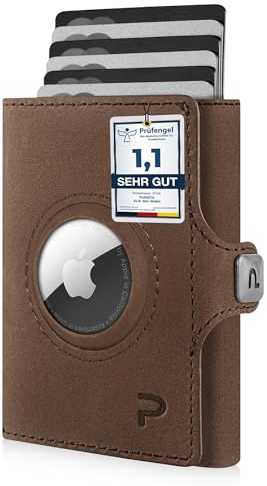PURISTO KLIK Classic AirTag Wallet mit Münzfach - Mini-Geldbörse für Herren aus Echtleder - Kleines Kartenetui mit RFID-Schutz für 10-14 Karten - Braun Vintage