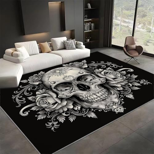 Waschbarer Kurzflor Teppich, 120x170cm, rutschfest Teppich Totenkopf Im Gotischen Stil, Weicher und Komfortabler Teppich für Wohnzimmer, Schlafzimmer, Arbeitszimmer Schwarz