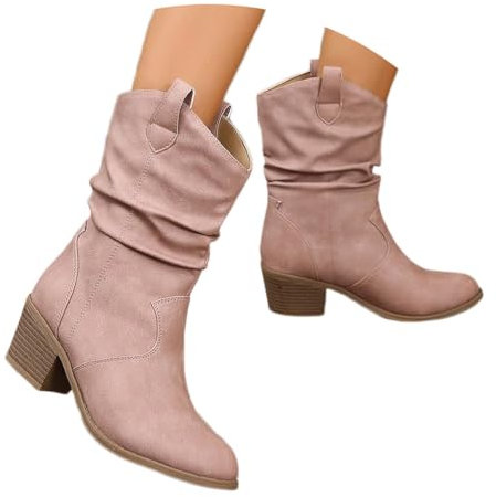 shownicer Bottes et Bottines Femme de Cowboy Motard Casual Bottes à Talons éPais Automne et Hiver Mode Bout Rond Confortables sans Lacet Chaussures Courtes C Rose 37