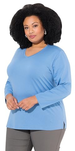Ulla Popken Damen große Größen Übergrößen Plus Size Shirt, V-Ausschnitt, Relaxed, Langarm helle Kornblume 62+ 725334729-62+