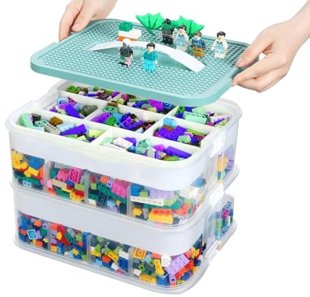 alouweekuky Boite Rangement Plastique pour Lego Briques, 2 Couches Boite Rangement pour Lego avec Couvercle, Enfant Jouets Empilable Organiseur Transparent avec Compartiments pour Ranger les Jouets
