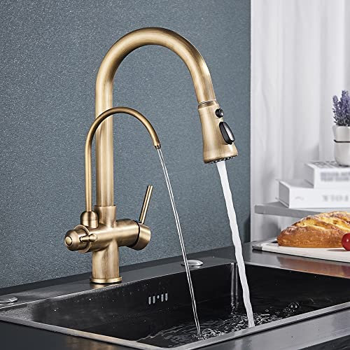 Rubinetto da cucina estraibile per lavello da cucina, in ottone anticato, con doppia maniglia, per acqua potabile calda e fredda, girevole (4 vie)