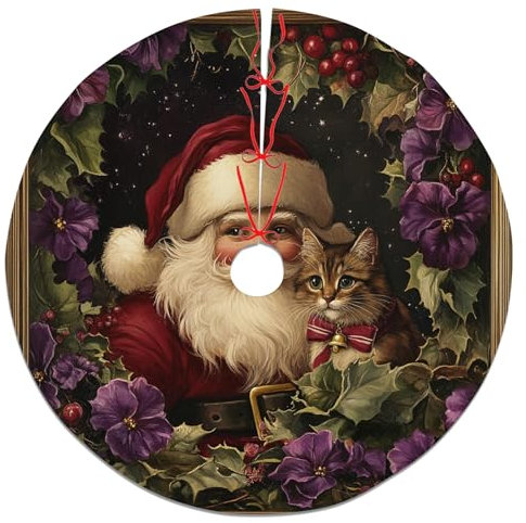 Gonna per albero di Natale con gatto di Babbo Natale, decorazione natalizia rossa per la casa invernale, accenti natalizi per interni ed esterni, 121 cm