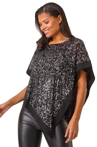 Roman Sequin Hem Overlay Stretch Top for Women UK Ladies New Year NYE Party Blouse Sparkly Glitter Shiny Autumn Winter Tunic Round Chiffon Cape Going Out Special Occassion - Noir - Size 10