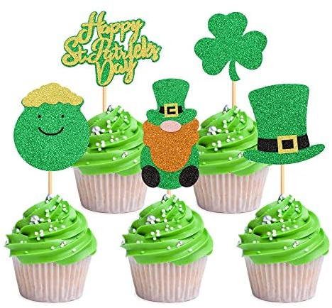 Blumomon St. Patrick's Day Cupcake Glitter Shamrock Cupcake Toppers Dreiblättriges Kleeblatt Cake Picks für St. Patrick's Day Party Dekorationen