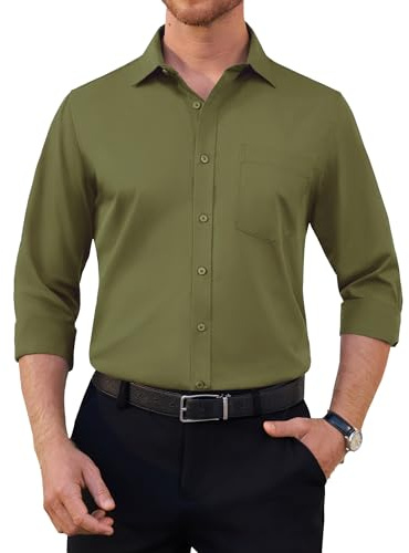 siliteelon Mens Shirts Long Sleeve Stretch Olive Green Business Dress Wrinkle Free Regular Fit Formal Shirt Casual Wedding Party Pocket Shirts M