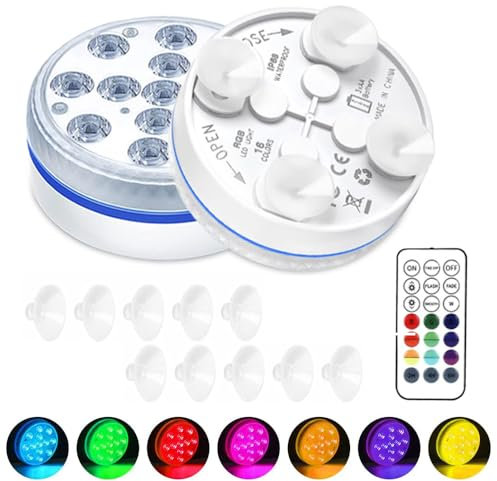 yotutun Luces LED Sumergibles, Luces Piscina con Control remoto de RF Impermeable IP68 Luz de Iluminación de Piscina de Color RGB para Jardín Acuario Florero Bañera Piscina (2 Piezas)