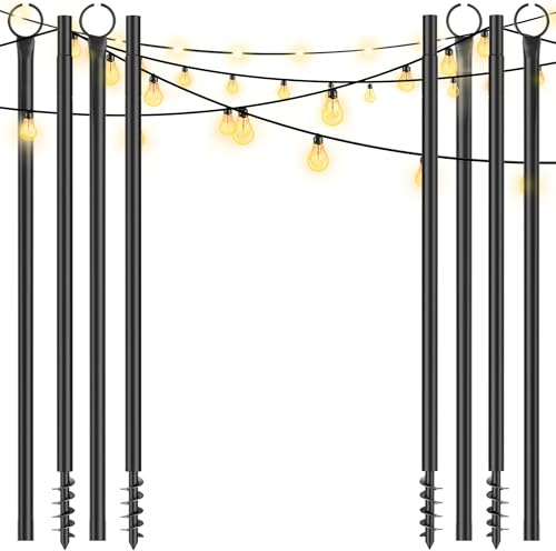 Kaitenv 3,2M Metall String Light Poles 4 Pack für Außen – Lichterketten Stangen mit Spiral-Design, korrosionsbeständig & wetterfest für Terrasse, Garten, Party & Weihnachten, schwarz[Energieklasse A]