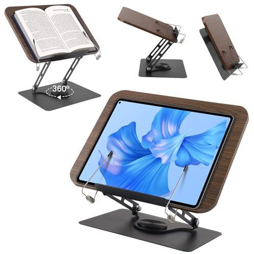 Buchständer,Leseständer,Kochbuchhalter Mit Seitenclip,Aus Holz,Höhenverstellbar4.4-39Cm,Faltbares Design,360°Drehung,Buchständer Zum Lesen Für Küche,Lesen,Tablet,Bücher