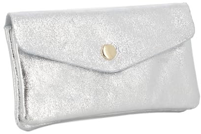 Double Tree - Porte-Monnaie Femme en Cuir Véritable Irisé Élégant - Petit Portefeuille Brillant à Rabat Format Enveloppe Mi-Long - Léger et Pratique - Argent