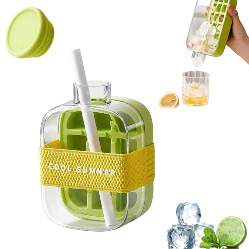 Ice Cube Bottle, 2 in 1 Water Bottle Ice Cube with Straw, No Touching Ice Bottle Cup, Water Bottle Ice Cube Tray, for Home Ice Making, Outdoor Picnics, Office Use (Green, 500ml)