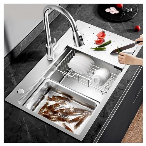 Fregadero De Cocina Grande Plateado, Fregadero De Barra Resistente, Con Desagüe Completo, Fregadero Rústico De Acero Inoxidable 304 De Una Cubeta, Fregadero De Encastre(B,70x50x22cm)