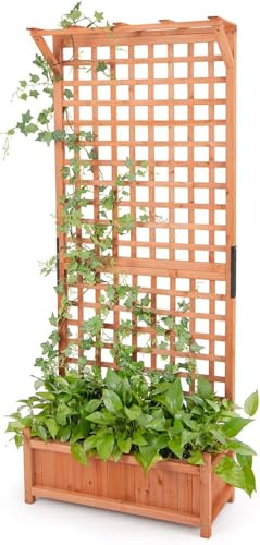 FANTASK Blumenkasten mit Spalier & Dach, Pflanzkasten Tannenholz, Hochbeet mit Rankgitter & Drainagelöchern, Natur, 75x33x181cm