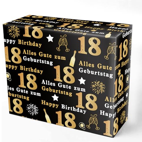 DazzJoy 5 Blätter Geschenkpapier 18 Geburtstag, 70x50CM 18 Happy Birthday Gift Wrapping Paper, Schwarz Gold Geschenkpapier Geburtstag, Packpapier Geschenk Papier Geburtstagseko 18 Jahr Jungen Mädchen