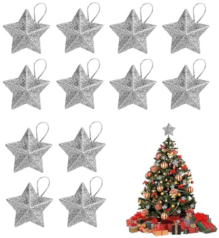 12Stück Weihnachtsbaumschmuck,Christbaumschmuck,Weihnachtsbaum Deko,Baumschmuck Weihnachten,Weihnachtsstern Anhänger,Klein Glitzer Weihnachtsdeko Silber Stern für Weihnachtsbaum,Kaminen,Fenstern,Tisch