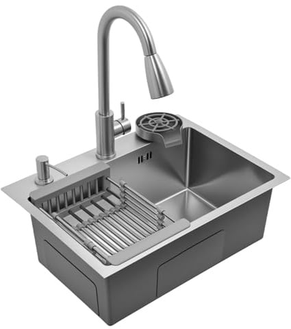 BRRIDE Fregadero plata, 55 x 40 cm, empotrable, fregadero de cocina con grifo extraíble, lavavajillas para tazas, dispensador de jabón, cesta de desagüe (plata)