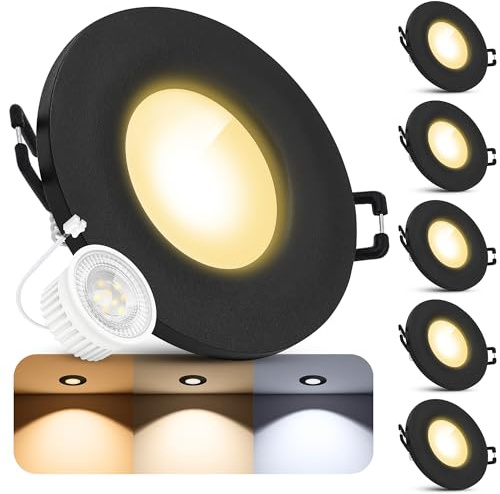 SSC-LUXon BEDA Einbaustrahler 6er Set schwarz IP65 GU10 5W 3 Lichtfarben | Sechs Deckenspots IP65 schwarz matt - warm / neutral / kalt, für Bad, Küche & Flur, blendfrei, inkl. GU10 LED