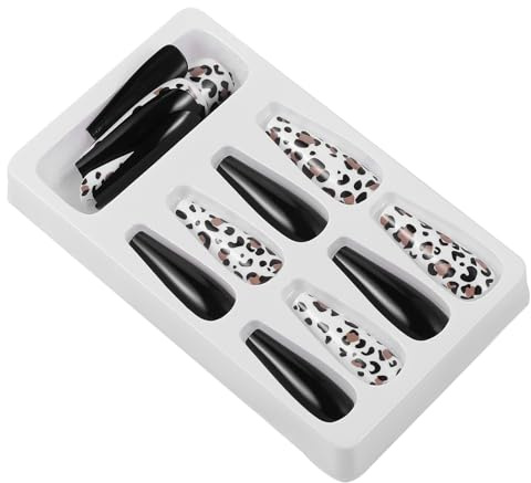 FRCOLOR 24pcs Black Leopard Print Long Coffin Shape Full Cover False Nails for Women and Girls, Abs Material, DIY Nail Art Design, for Parties at Home