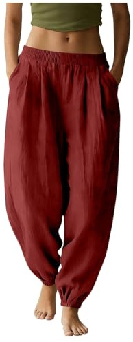 Gubsssl Leinenhose Damen Haremshose Sommerhose Baggy Hosen Leicht Fashion Bottoms Baumwolle Leinen Hose Cargohose Luftig Damenhosen Weite Freizeithose Wanderhose Musselin Schlupfhose Pumphose Rot L