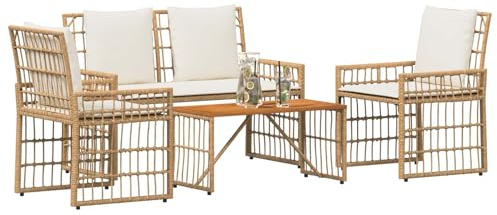 vidaXL Gartenmöbel Set 4 pcs Natürlich und Cremweiß, Garten und Terrasse, Rustikaler Außenstil, Wetterbeständiges Lounge-Set, Poly-Rattan-Sitzgelegenheiten, Akazienholz-Tisch, Langlebiges Design