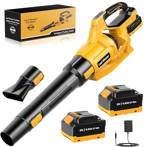 JYGMPRO Soffiatore a batteria 21V - Soffiatore elettrico con 2 batterie da 4,0 Ah, 2 ugelli di prolunga, 3 velocità regolabili, tracolla per la pulizia del giardino, della polvere e dell'auto