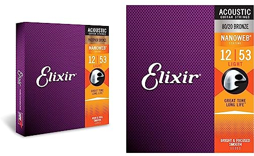 Elixir® 16052 Saiten Phosphor Bronze Akustik-Gitarrensaiten mit NANOWEB® Beschichtung, Light (.012-.053) & Saiten 80/20 Bronze Akustik-Gitarrensaiten mit NANOWEB® Beschichtung, Light (.012-.053)
