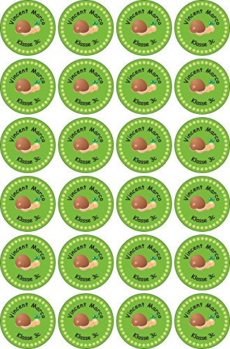 INDIGOS UG Namensaufkleber Kinder Schule rund - 30x30 mm - 077 - Schnecke - Set von 24 Aufkleber selbst gestalten Wunschtext - Büro, zu Hause - Hefte, Federmappen, Ordner