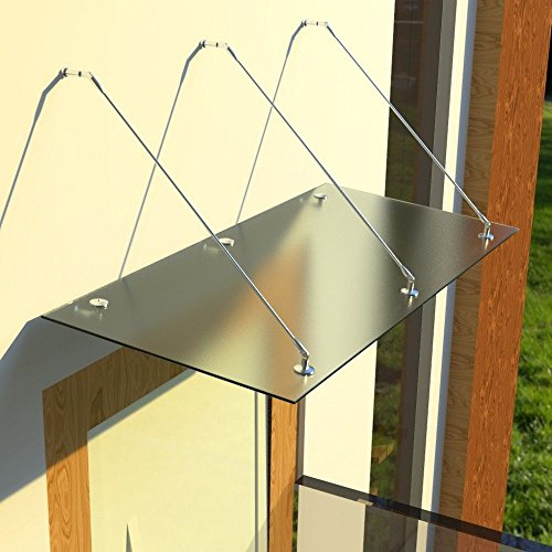 Glasvordach Vordach aus 13,14 mm starkem Verbundsicherheitsglas (VSG) mit hochwertigen V2A Edelstahlbeschlägen ALLE GROESSEN (Satiniert 200cm x 90cm mit 3 Haltestangen)