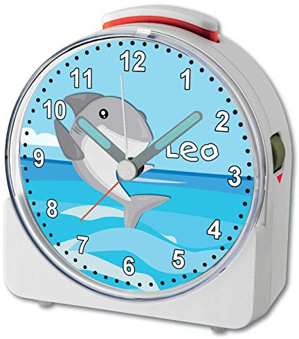 CreaDesign, WU-71-1126, Hai, analog Kinderwecker weiß, Funkwecker mit Sweep-Uhrwerk und fluoreszierenden Zeiger und Licht, personlisiert mit Namen, 10,2 x 4,6 x 11 cm